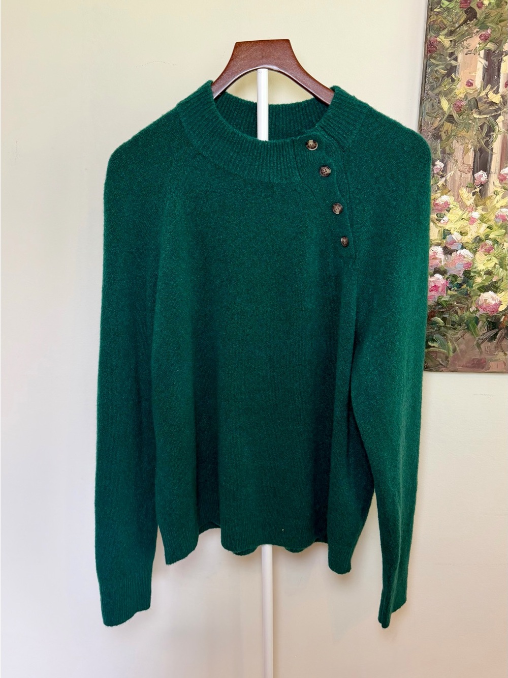 J.Crew Forest Green Mockneck Sweater Asymmetrical Button Detail XL NWT